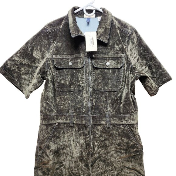 Utility-Style Velvet Jumpsuit Overalls Size 14 Short Sleeve Zipper Front Green - Picture 4 of 8